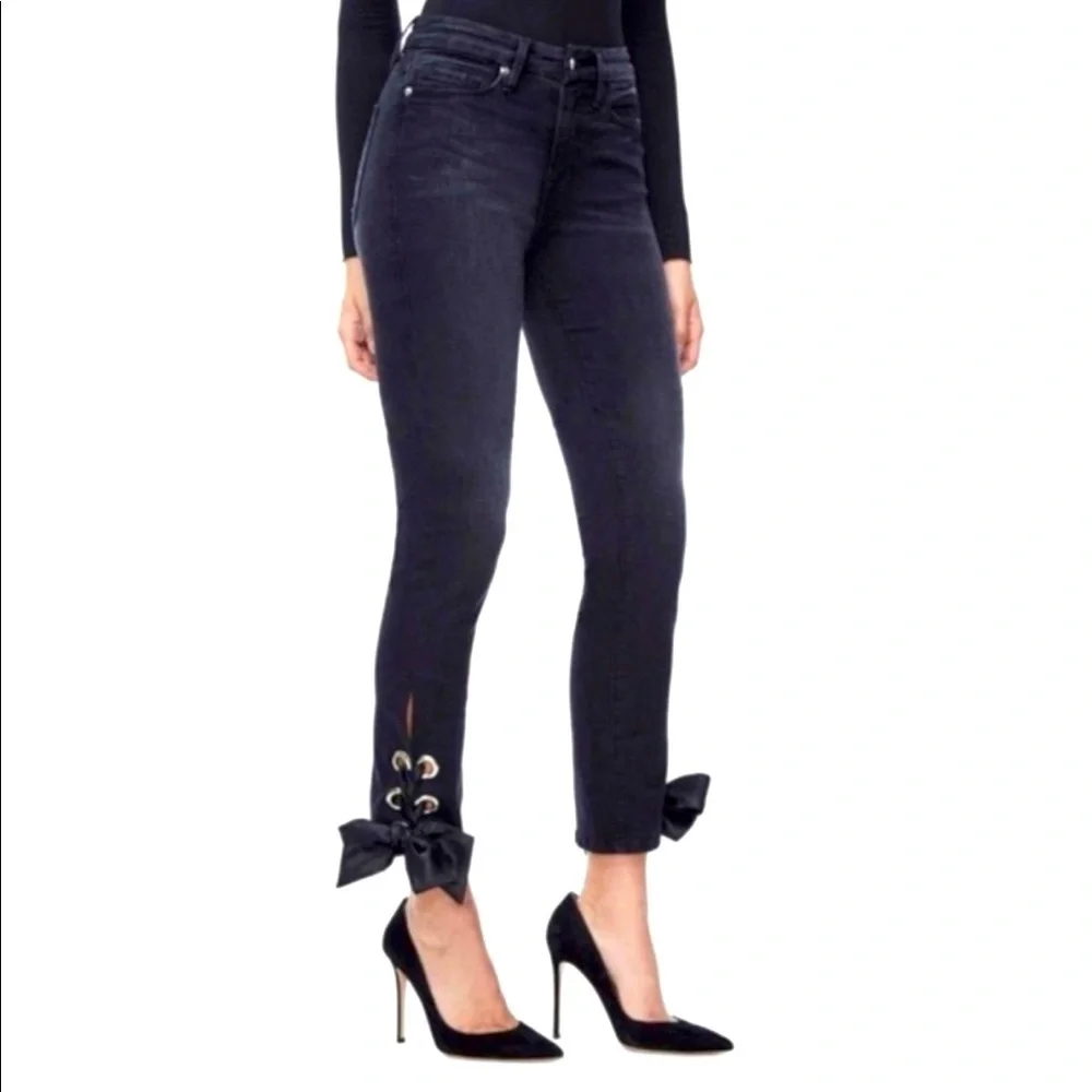 Good American Women’s High Rise Black Skinny Jeans Bow Details on Ankle sz 6/28